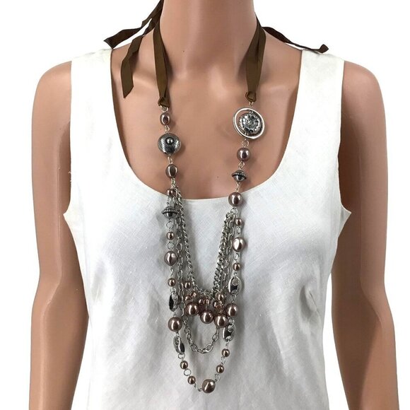 Triple Tier Necklace Layered Look Ribbon Tie Silver Tone Brown - Picture 1 of 2